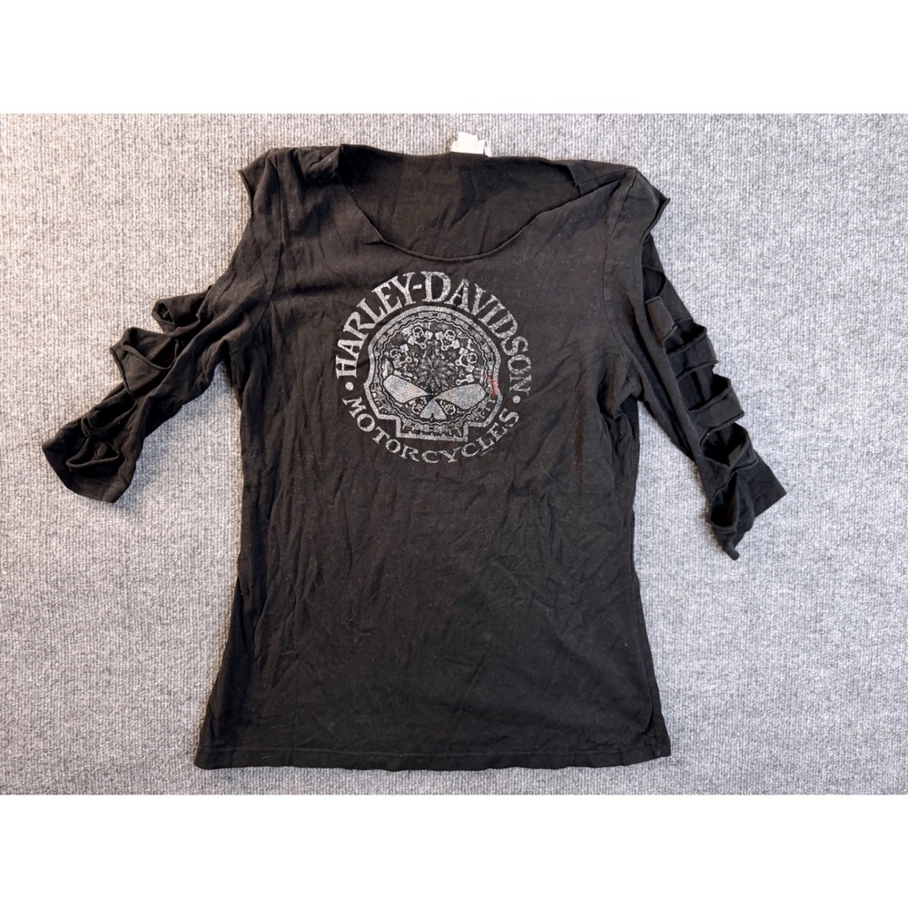 Harley Davidson Womens Large Black Graphic Tee Custom Cut Out Sleeve Biker Shirt